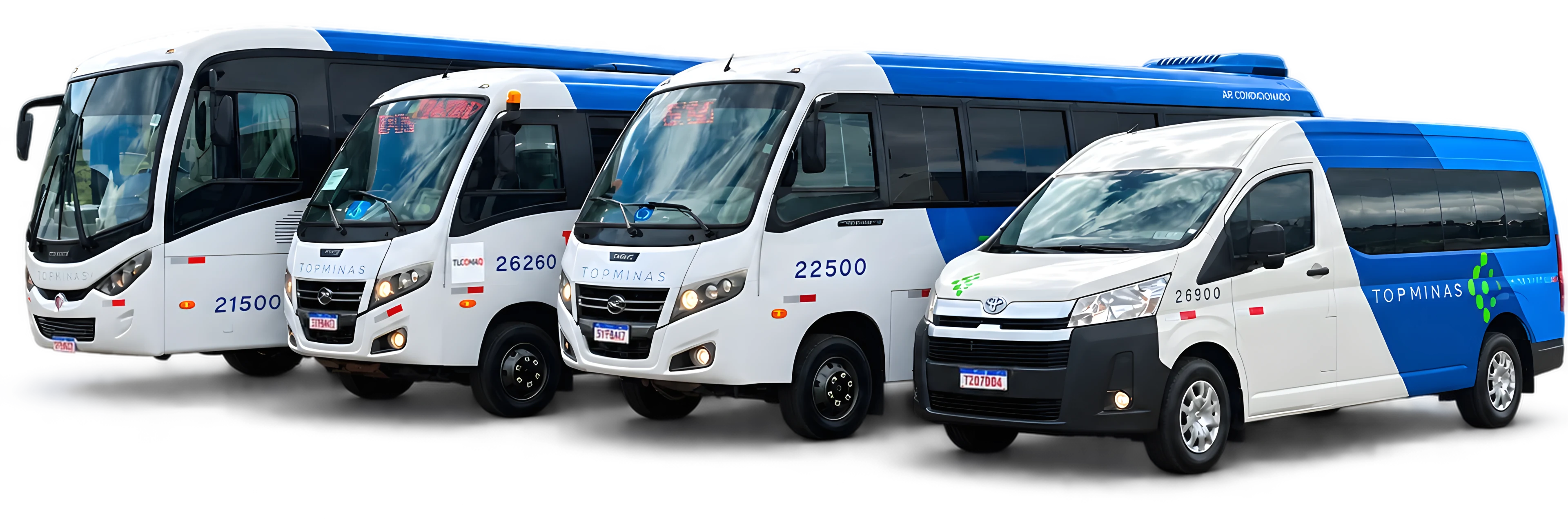 Frota da Top Minas: ônibus, dois micro-ônibus e uma van com a pintura branca, azul e verde